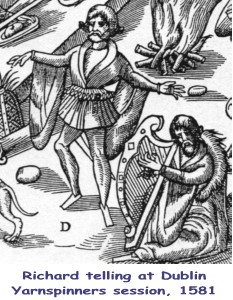 Both Barde, and Harper, is preparde, which by their cunning art, / Doe strike and cheare up all the gestes, with comfort at the hart - John Derricke, Images of Ireland, 1581
